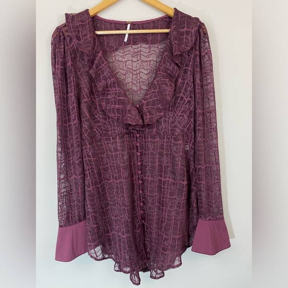 Free People Night Moves Lace Buttondown Top Blouse Romantic Size Small - Picture 2 of 10